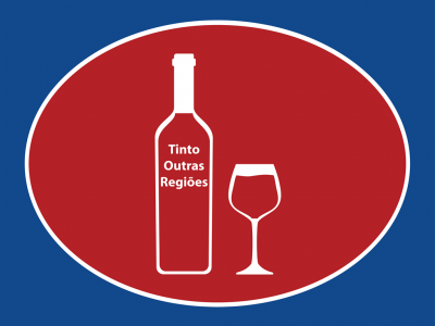 Desenho de garrafa de vinho e copo em oval vermelho com texto em fundo azul