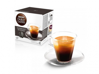 Caixa de NESCAFÉ Dolce Gusto Espresso Intenso e chávena de café expresso com pires