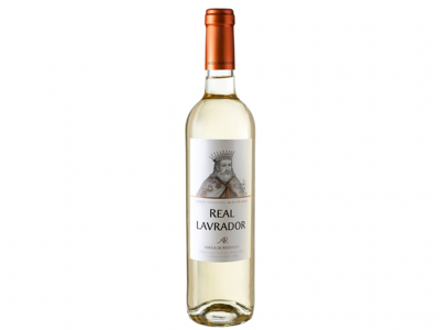 Garrafa de vinho branco Real Lavrador com rótulo branco e tampa laranja
