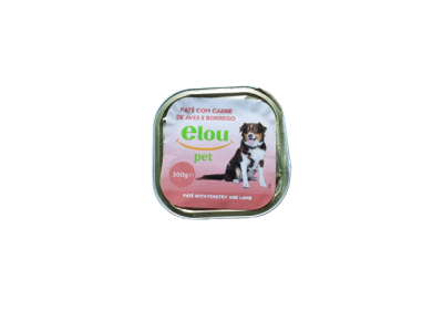Embalagem quadrada de paté para cães elou pet cor rosa com texto e imagem de cão