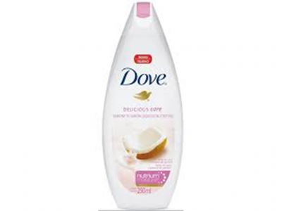 Frasco branco Dove Delicious Care com imagem de coco