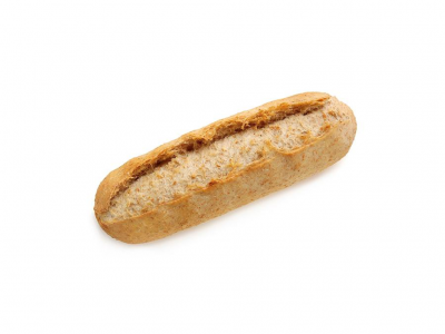 Pão baguete com crosta castanha clara sobre fundo branco