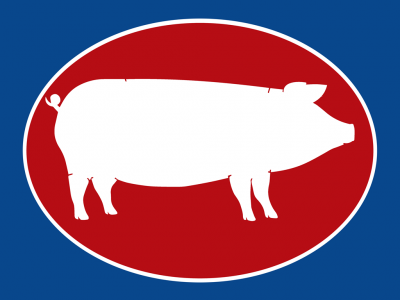 Sinal oval com silhueta branca de um porco em fundo vermelho e azul
