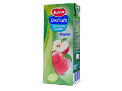 Pacote de sumo Juver Disfruta de maçã com design verde e azul e imagem de maçãs