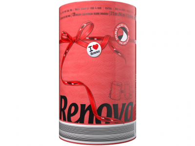 Embalagem vermelha texturizada de rolos de papel higiénico Renova com laço e etiqueta I LOVE RENOVA
