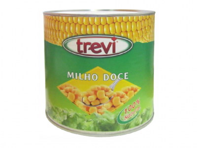 Lata de milho doce trevi com rótulo verde e imagem de milho