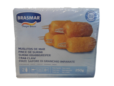 Embalagem de Muslitos de Mar BRASMAR com imagem de pinças empanadas