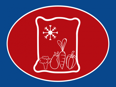 Saco vermelho com desenhos de legumes brancos num círculo vermelho em fundo azul