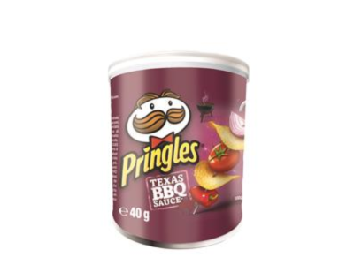 Lata de batatas Pringles sabor Texas BBQ Sauce embalagem roxa 40g