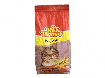 Saco de comida para gatos Rio Bravo pet foods vermelho e amarelo com imagem de gato