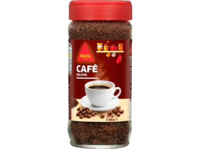 Frasco de café solúvel Delta com rótulo vermelho e marrom e tampa vermelha
