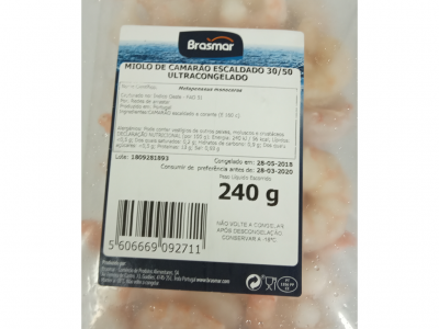 Embalação de Miolo de Camarão Escaldado Brasmar Ultracongelado 240g