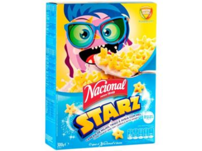 Caixa de cereais Nacional Starz com personagem animado e estrelas amarelas