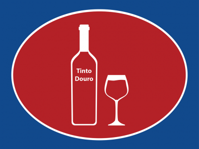 Ilustração de garrafa de vinho Tinto Douro e cálice em fundo vermelho oval sobre azul