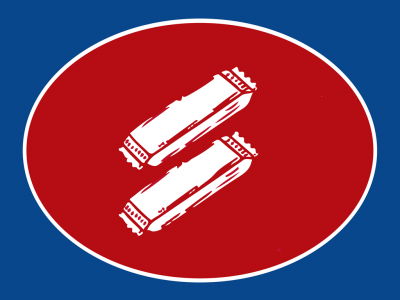 Símbolo com dois tubos brancos num círculo vermelho sobre fundo azul