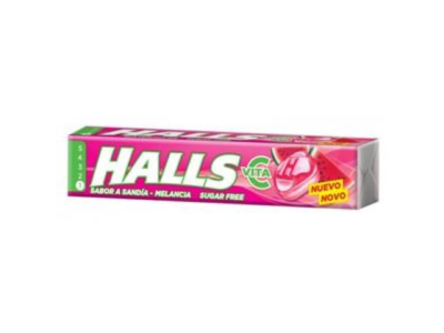 Embalagem rosa do Halls Vita sabor melancia sem açúcar com imagem de melancia