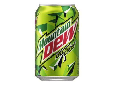 Lata de refrigerante Mountain Dew Citrus Blast verde com texto colorido