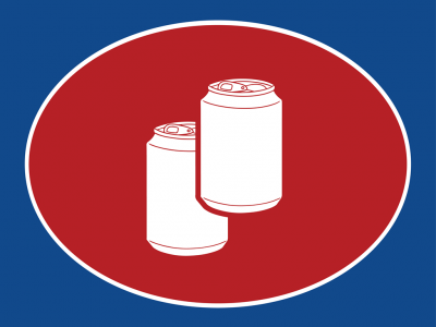 Duas latas de bebida brancas desenhadas sobre círculo vermelho em fundo azul