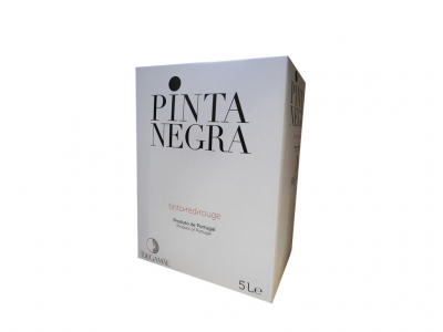 Caixa de vinho tinto Pinta Negra 5L, branca com texto preto e vermelho
