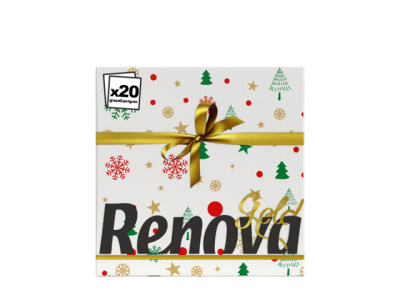 Guardanapos de papel Natal Renova Gold com padrão festivo e embalagem com laço dourado