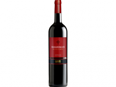 Garrafa de vinho tinto com rótulo vermelho e preto