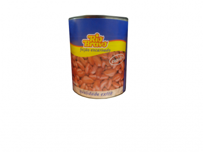 Lata de feijão encarnado Rio Bravo com rótulo azul e amarelo