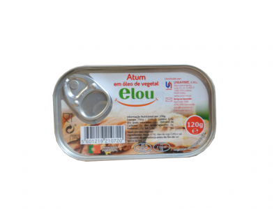 Lata metálica de atum Elou 120g com rótulo branco e tampa de abrir
