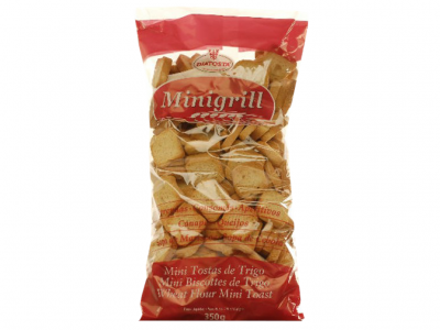 Pacote de tostas Mini Grill em plástico transparente e vermelho com texto e tostas visíveis