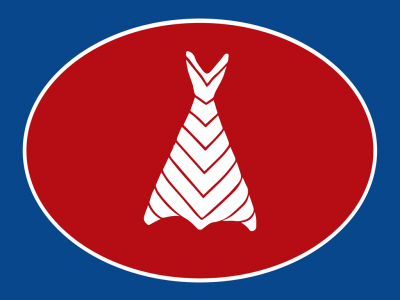 Logótipo oval vermelho com símbolo branco parecido com cauda de peixe em fundo azul