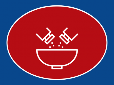 Símbolo de duas mãos a temperar um prato com sal num fundo vermelho oval