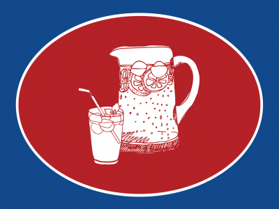 Ilustração de jarro e copo de bebida com limão, fundo oval vermelho e azul