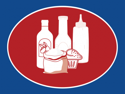 Ilustração estilizada de garrafas, saco de farinha e recipiente plástico em fundo vermelho oval e azul.