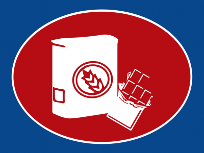 Logotipo com pacote e barra de chocolate branca em oval vermelho e fundo azul