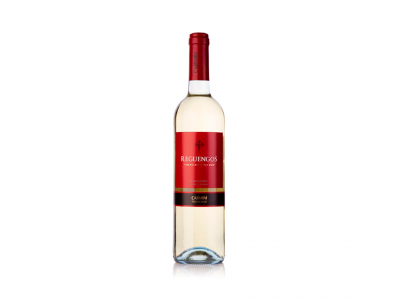 Garrafa de vinho branco com rótulo vermelho e preto