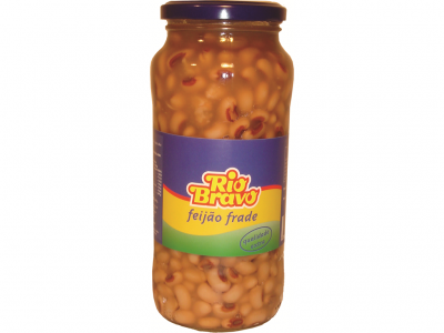 Frasco de vidro com feijão frade e rótulo azul, amarelo e verde