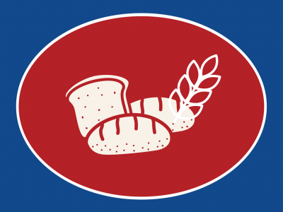 Ilustração de pães brancos e ramo de trigo em fundo oval vermelho e azul