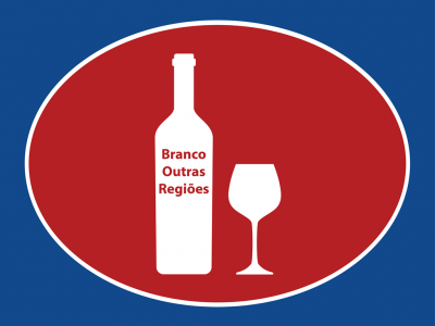 Rótulo vermelho oval com garrafa branca, texto e copo de vinho em fundo azul