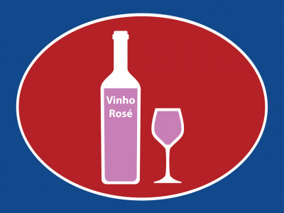 Símbolo de garrafa de vinho rosé e copo num oval vermelho com fundo azul.