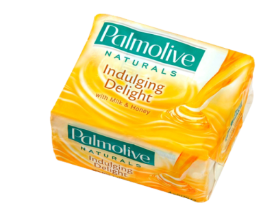 Sabonete Palmolive Naturals Indulging Delight com Milk & Honey em embalagem amarela e branca
