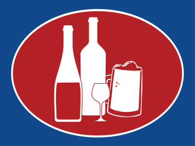 Símbolo com duas garrafas, um copo de vinho e uma caneca de cerveja sobre fundo azul e oval vermelho