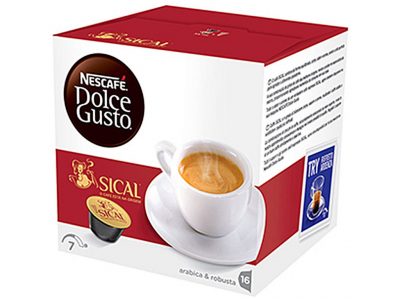 Embalagem de cápsulas de café Nescafé Dolce Gusto Sical, branca e vermelha, com uma chávena de café com espuma e uma cápsula amarela visíveis