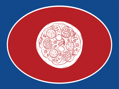 Ilustração de pizza com coberturas e fundo vermelho e azul