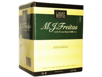 Caixa de vinho M.J.Freitas 5 litros em amarelo, verde e preto