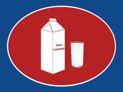 Pacote de leite Sem Lactose e copo de leite sobre fundo vermelho