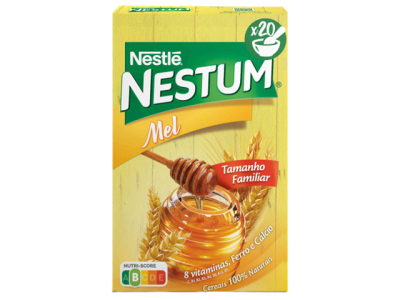 Pacote amarelo de Nestlé Nestum Mel com imagem de mel derramando em frasco e espigas de trigo
