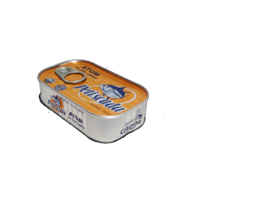 Lata metálica de atum com tampa laranja e texto em português