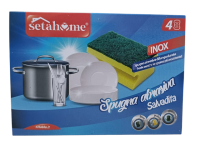Embalagem azul de esponjas abrasivas Setahome com texto INOX e imagem de utensílios de cozinha