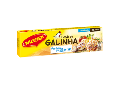 Embalagem amarela de caldo cuba Maggi Caldo de Galinha com texto e imagem de frango