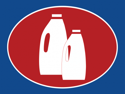 Dois frascos brancos de detergente num oval vermelho sobre fundo azul