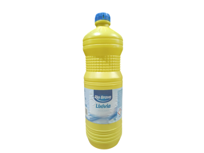 Garrafa amarela com tampa azul de lixívia Rio Bravo 1L